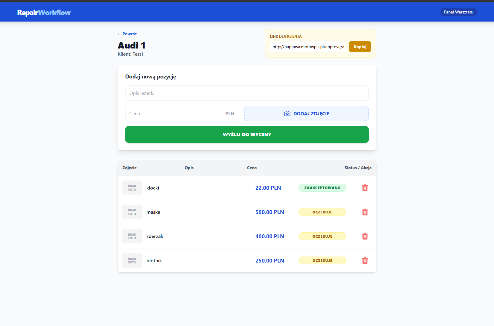 Aplikacja wyceny naprawy